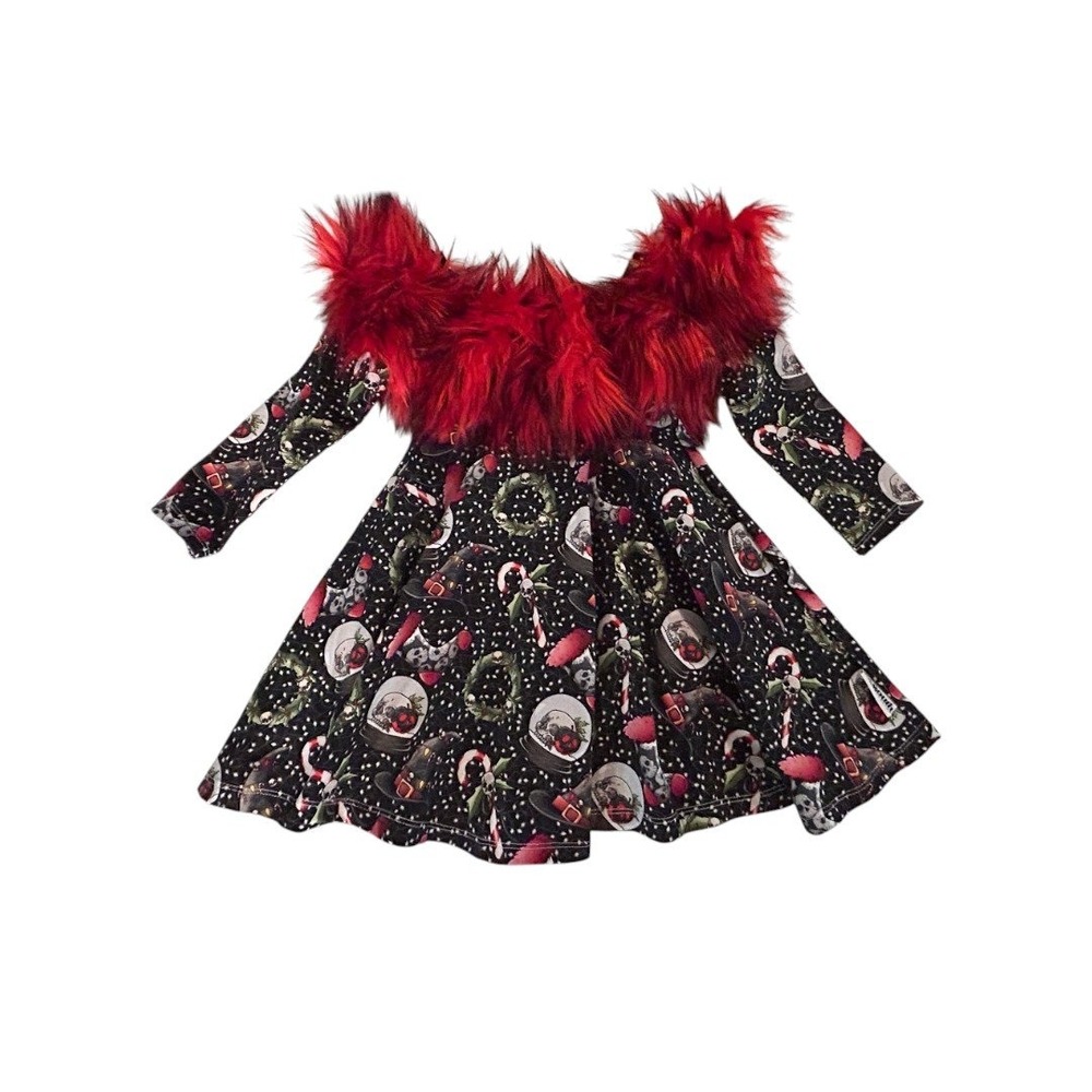 Kids Spooky Christmas Skull Print Dress Red Faux Fur Collar 3T Goth Rocker Girl